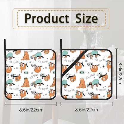 Funny Sloth Pot Holder Set of 2,Heat Resistant Potholders Oven Hot Pads for Kitchen Cooking Baking BBQ