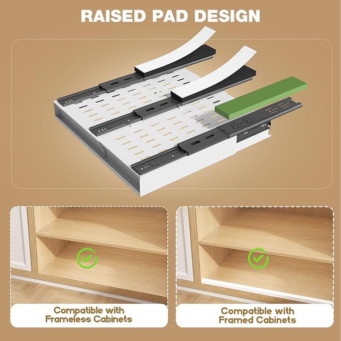 Seinloes 2 Pack Pull Out Cabinet Organizer With Raising Pad for Framed Cabinets,Expandable Width (11"-16") and Depth (13"-17"),3 Slide Rails Slide Out Drawers with Handle,No-Drill Roll Out Shelf,White - Image 3