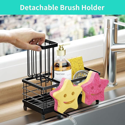 HapiRm Sink Caddy Sponge Holder - Self-draining Kitchen Sink Organizer with Smiley Face and Brush Holder, Stainless Steel Kitchen Sponge Caddy for Countertop - Black - Image 4
