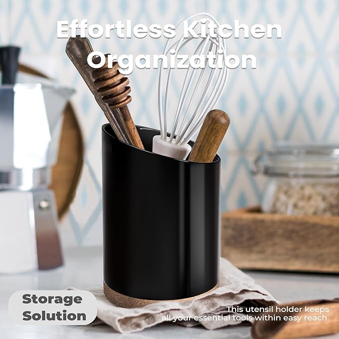 KITEISCAT Large Ceramic Utensil Holder for Kitchen Counter, Modern Crock with Slanted Top & Cork Mat, for Spatulas & Cooking Spoons, Black