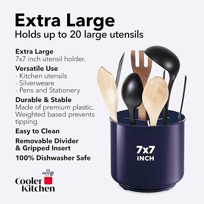 Cooler Kitchen Jumbo Plastic Rotating Extra Large Utensil Holder Crock with No-Tip Weighted Base, Removable Divider, and Gripped Insert - Kitchen Utensil Holder for Kitchen Counter: Blue Utensil Caddy - Image 5