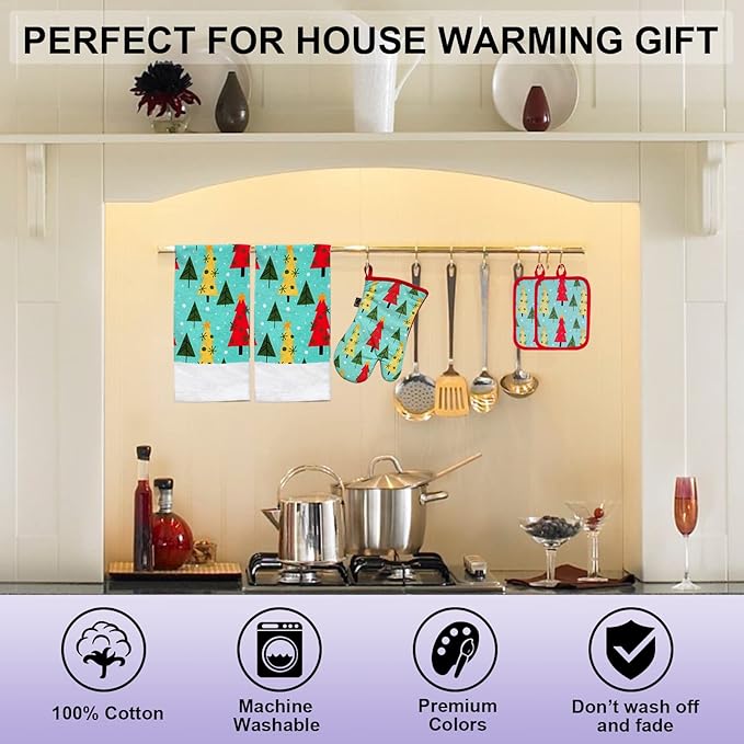 Oven Mitts and Potholders Dish Towles Set 100% Cotton for Perfect for Gifting, Baking and Everyday Cooking Durable Heat Resistant for Kitchen (5-Piece Christmas Tree) - Image 6
