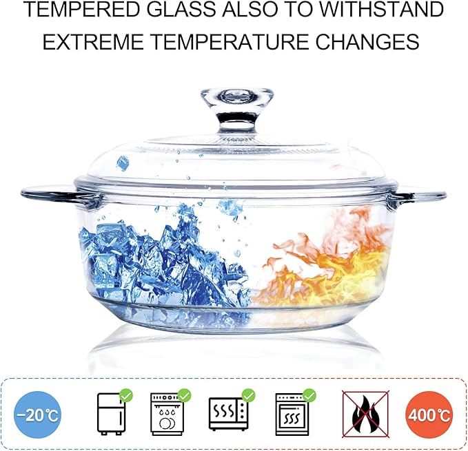 Clear Round Glass Casserole with Lid, Baking Dish with Glass Cover, Oven, Freezer and Dishwasher Safe (1-Quart Round)