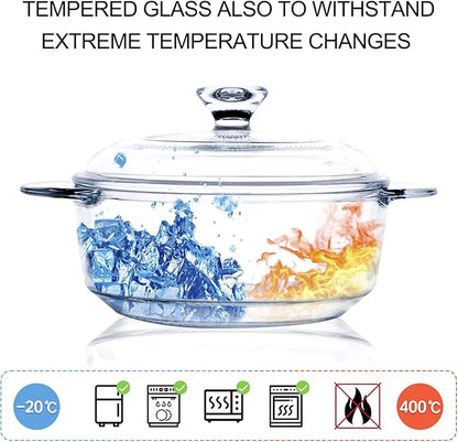Clear Round Glass Casserole with Lid, Baking Dish with Glass Cover, Oven, Freezer and Dishwasher Safe (1-Quart Round)