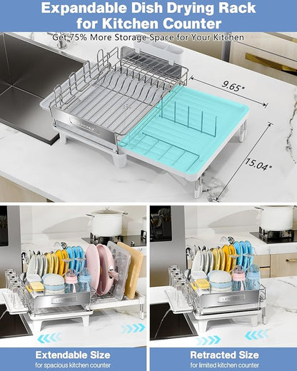 Expandable Dish Drying Rack, Dish Racks for Kitchen Counter, Stainless Steel 304, Flip-Top Retractable Plate, Multi-Directional Adjustable Dish Rack, Space Saving Large Drying Rack Kitchen, White - Image 2