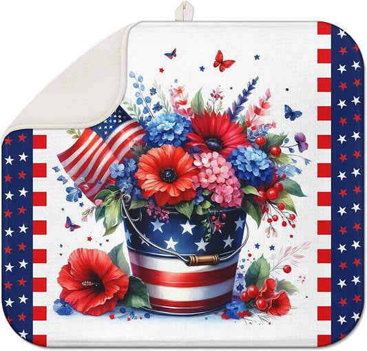 4th of July Large Dish Drying Mat for Kitchen Counter Independence Day 18''x24'' Microfiber Small Red Kitchen Draining Mat for Countertops Memorial Day Dish Drainer Drying Pad by Scritism