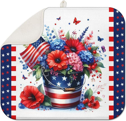 4th of July Dish Drying Mat for Kitchen Counter Independence Day 16''x18'' Microfiber Small Red Kitchen Draining Mat for Countertops Memorial Day Dish Drainer Drying Pad by Scritism