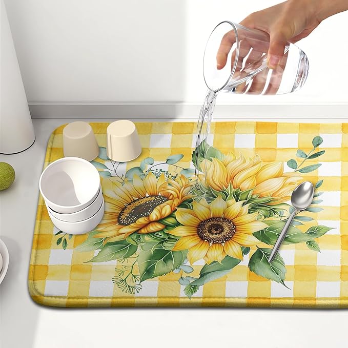 Spring Summer Dish Drying Mat 16x18 Inch Absorbent Reversible Sunflower Drying Mat Summer Sunflower Dish Drying Rack Mat Yellow Summer Themed Dish Drainer Mat for Kitchen Counter Coffee Bar