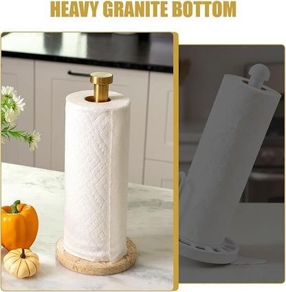 Koville Paper Towel Holder Countertop, Standing Paper Roll Holder with 6" Weighted Marble Base, Stone Paper Towel Holder with Gold Stainless Steel Rod for Kitchen Bathroom (Gold)