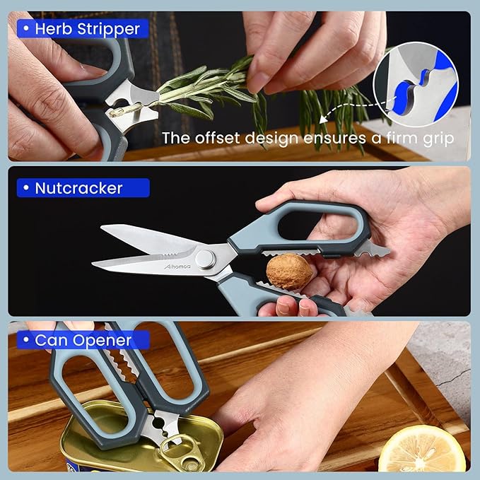 Sharp Nordic-Style Kitchen Shears Soft Comfort Handle, All Purpose Scissors with Herb Stripper, Detachable Cooking Scissors, Micro-Serrated Blade for Food Chicken Meat Herb Packaging