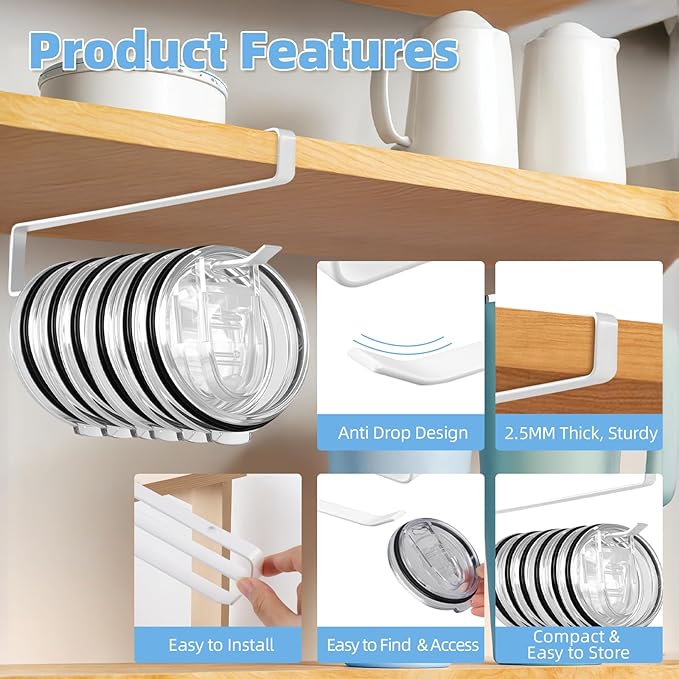 Tumbler Lid Organizer, 2 Pack for Yeti Lid Organizer, Space Saving Water Bottle Lid Holders, Tumbler Lid Holder Up to 12 Lids,No Drilling,Cup Lid Organizers for Kitchen Under Cabinet Storage (White) - Image 4