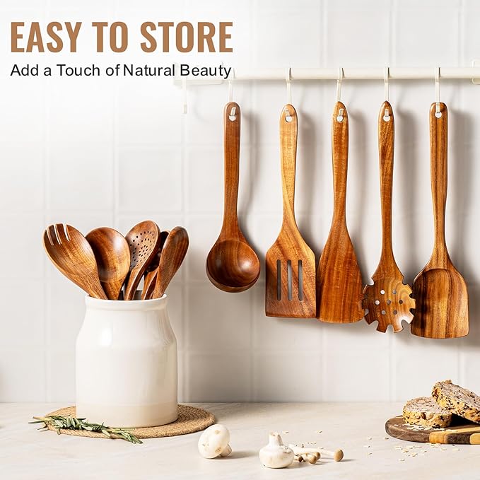 Terlulu 10 Pcs Wooden Spoons for Cooking, Natural Teak Wooden Kitchen Utensils Set, Durable Cooking Utensils Set with Comfort Grip for Cookware, Smooth Finish&NonStick& Heat Resistant Wooden Spatula - Image 6