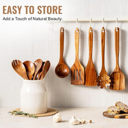 Terlulu 10 Pcs Wooden Spoons for Cooking, Natural Teak Wooden Kitchen Utensils Set, Durable Cooking Utensils Set with Comfort Grip for Cookware, Smooth Finish&NonStick& Heat Resistant Wooden Spatula - Image 6