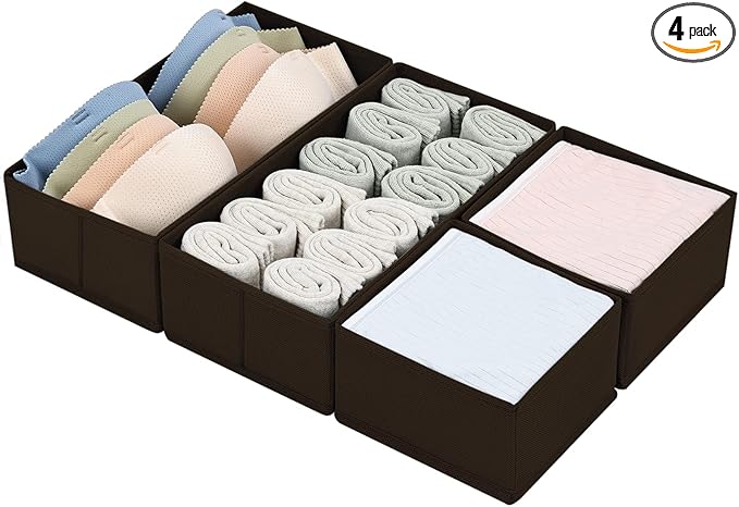 DIMJ Drawer Organizer Clothes, Underwear Drawer Organizer, Set of 4 Foldable Closet Drawer Bins, Fabric Drawer Dividers for Baby Clothes, Socks, Belt, Tie (Brown) by DiMJ