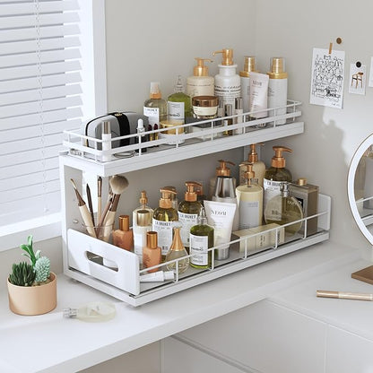 Under Sink Organizer Upgrade To Professional Rails,2-Tier Dual Pull Out Cabinet Storage,Height Adjustable Slide Out Drawers For Bathroom Kitchen,2 Pack-18.5"Dx12.8"-16.9"H,White - Image 9