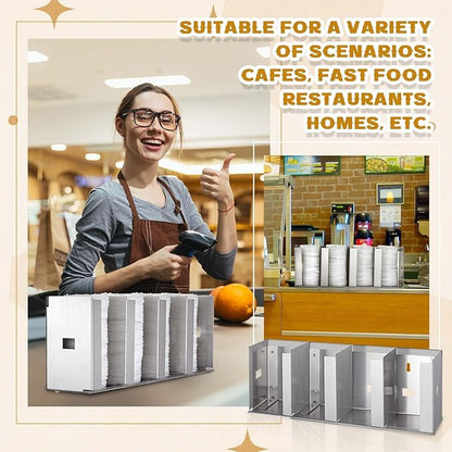 Hicarer 4 Compartments Stainless Steel Cup Dispenser with Adjustable Dividers Silver Cup and Lid Holder Lid Organizer Storage for Cabinet Kitchen Cafe Tea Shop Restaurant, Silver - Image 5