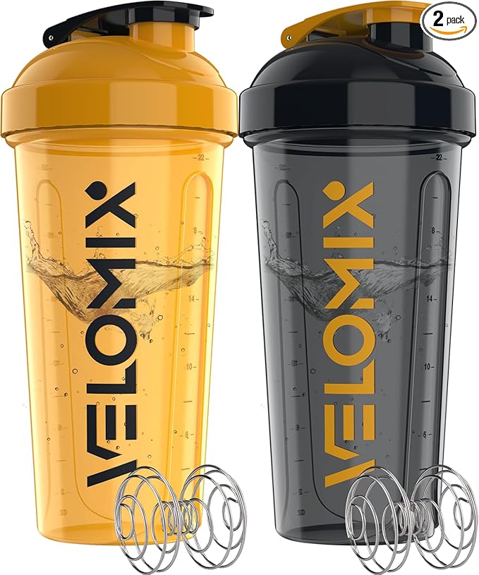 VELOMIX -2 Pack- 28 oz Protein Shaker Bottles for Protein Mixes - 2x Wire Whisk | Leak Proof Shaker Cups for Protein Shakes and Pre Workout | Protein Shaker Bottle Pack (A8) Golden Stone