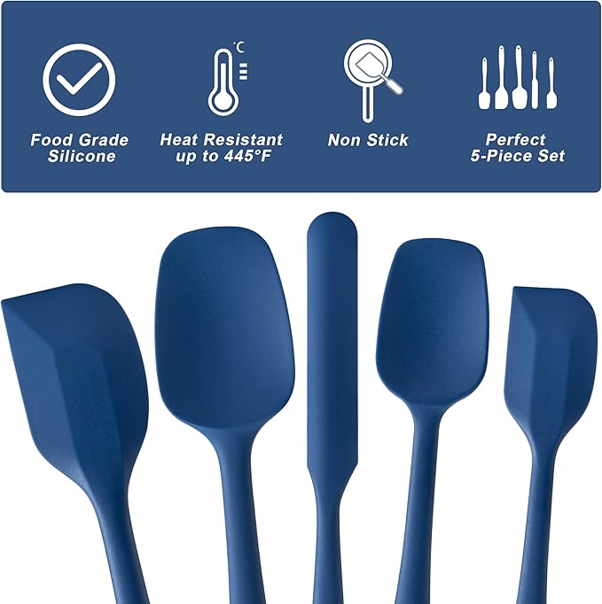 Silicone Spatula Set, 5 Piece Food Grade Rubber Spatulas for Baking, Cooking, and Mixing High Heat Resistant Non Stick Dishwasher Safe BPA-Free (Navy Blue) - Image 3