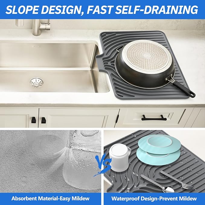 JACZZO Silicone Dish Drying Mat for Kitchen Counter, 19.7" x 17.2" Large Drying Mat with Built-in Drain Lip, Heat Resistant Countertop Protector Pad, Fast Drying & Easy Clean, Grey - Image 5