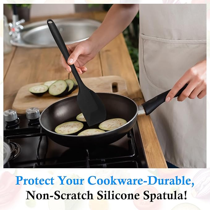 Shappy 4 Pieces Silicone Cooking Spoons 10.6 Inch Heat Resistant Kitchen Spoons for Mixing, Serving and Stirring Upgrade Large Non Stick Basting Utensils, Dishwasher Safe(Scrapers,Black) - Image 6
