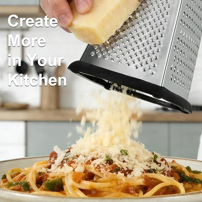 Ourokhome Cheese Grater with Handle, Stainless Steel Box Grater, 4 Side Kitchen Vegetable Shredder Slicer Zester with Container for Parmesan, Cabbage, Ginger, Lemon, Chocolate, Coconut (Black) - Image 7