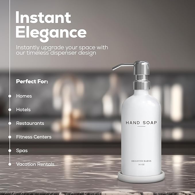 White Glass Hand Soap Dispenser Bathroom Set by Brighter Barns - Bathroom Soap Dispenser Set with Ceramic Tray - Refillable Glass Bottle Pump - Modern Home Decor for Airbnb, Hotel, Restaurants (White) - Image 2