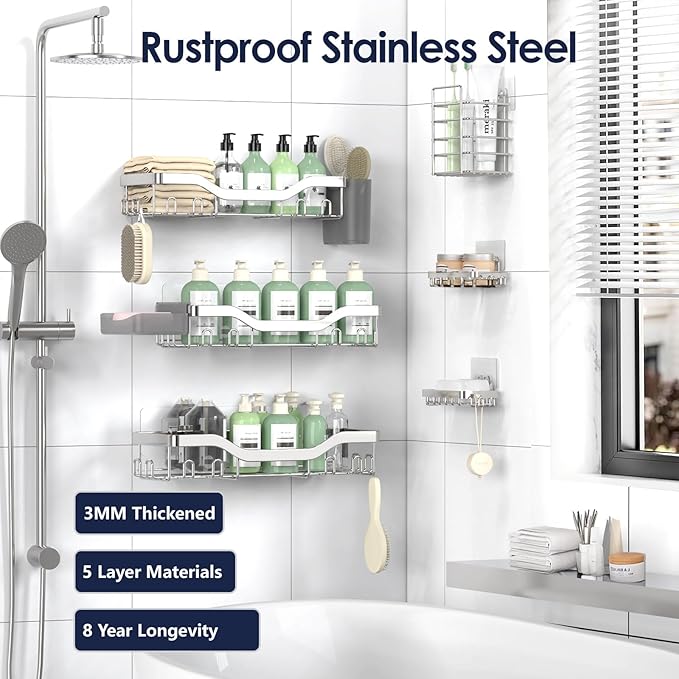 NESOMI Shower Caddy Adhesive Shower Organizer 8-Pack, Rustproof Stainless Steel Bathroom Shelves, Large Capacity No-Drill Rack Storage Accessories with Soap Dish Toothbrush Holder Hooks - Image 5