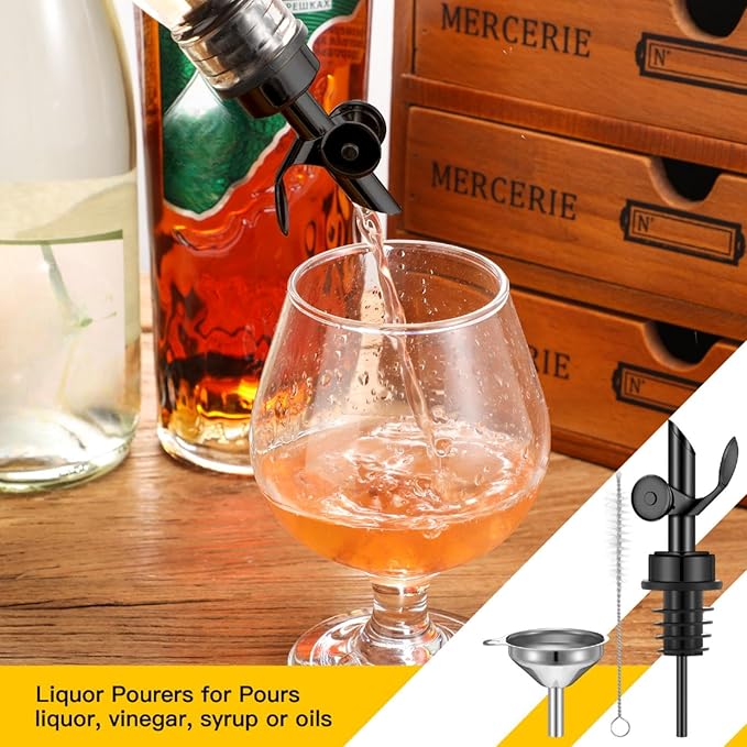 Tioncy 4 Pieces Weighted Stainless Steel Pourers Olive Oil Spout Olive Oil Dispenser Spout Automatic Opening and Closing with Funnel and Brush for Pouring Wine Syrup Kitchen(Black)