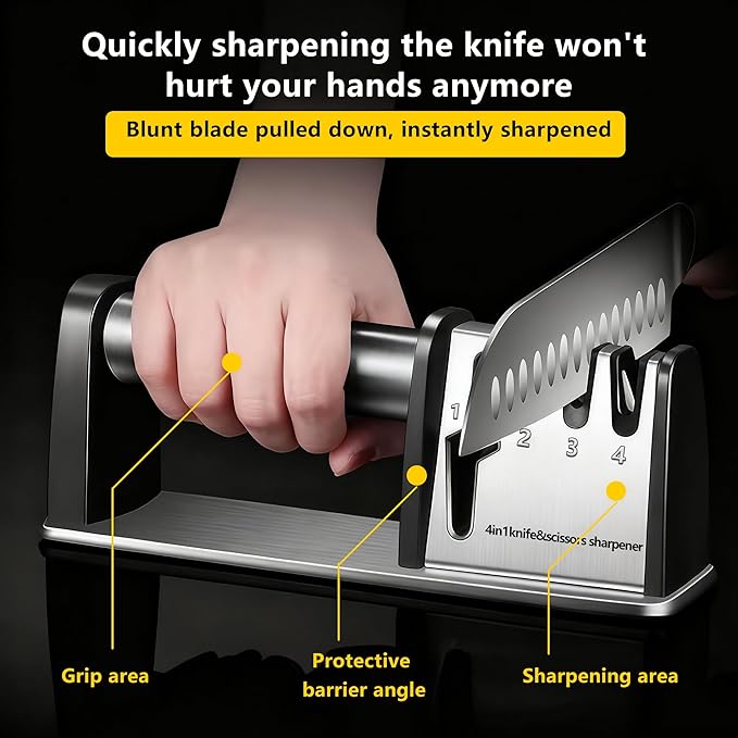 Knife Sharpeners, 4 in 1 Professional Chef's Kitchen Knife Accessories, Kitchen Blade & Scissors Sharpening Tool, Versatile Manual Knife Sharpener, Easy to Use, for Kitchen Knife - Image 5