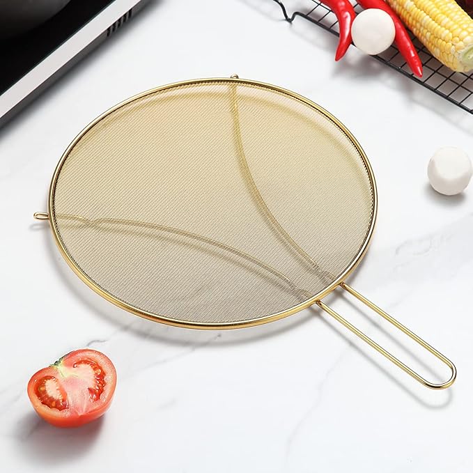 Evanda 12" Gold Splatter Screen for Cooking, Stainless Steel Fine Mesh for Frying Pan, Grease Guard for Pan to Stop Hot Oil Splatter, Protect the Skin From Burns, Safe Cooking Lid - Image 2