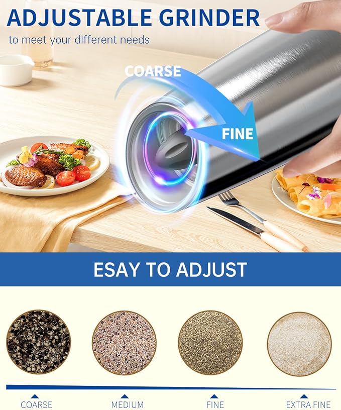 CIRCLE JOY Stainless Steel Graviry Electric Pepper Grinder Automatic Salt Grinder Pepper Griner Mill Electric, Battery Operated, LED Light, Adjustable Coarseness, for Home Kitchen BBQ, Silver - Image 4