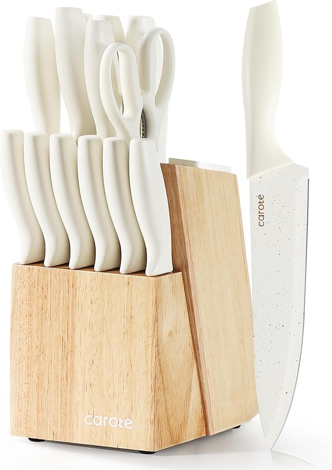 CAROTE 15Piece Knife Set, Kitchen Knife Block Set, Elegant White Ceramic-Coated Blades with Stylish Wooden Block for Modern Culinary Excellence by CAROTE