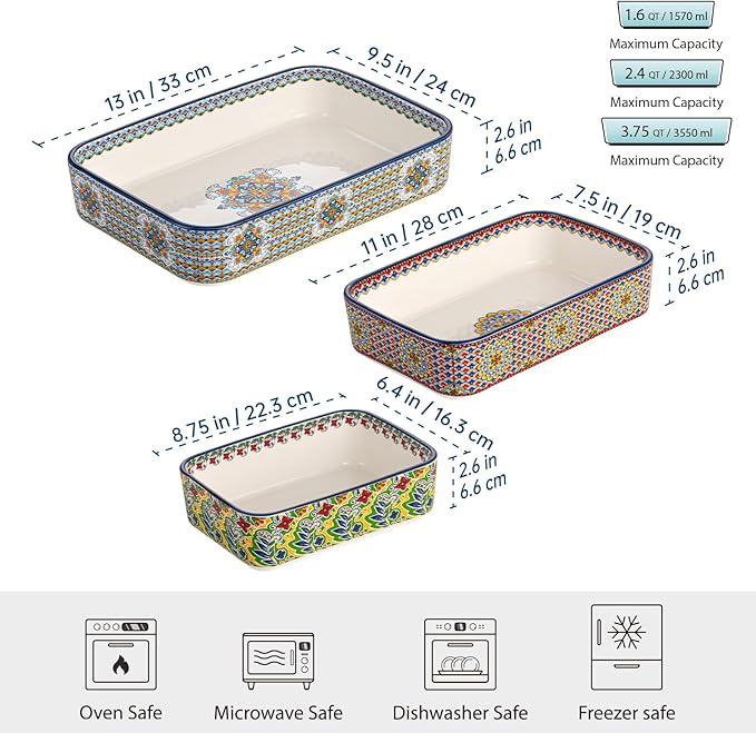 Casserole Dishes for Oven, Ceramic Baking Dishes Set of 3, Rectangular Lasagna Pans, Ceramic Bakeware Set for Baking, Roasting and Serving - Boho Style - Image 2
