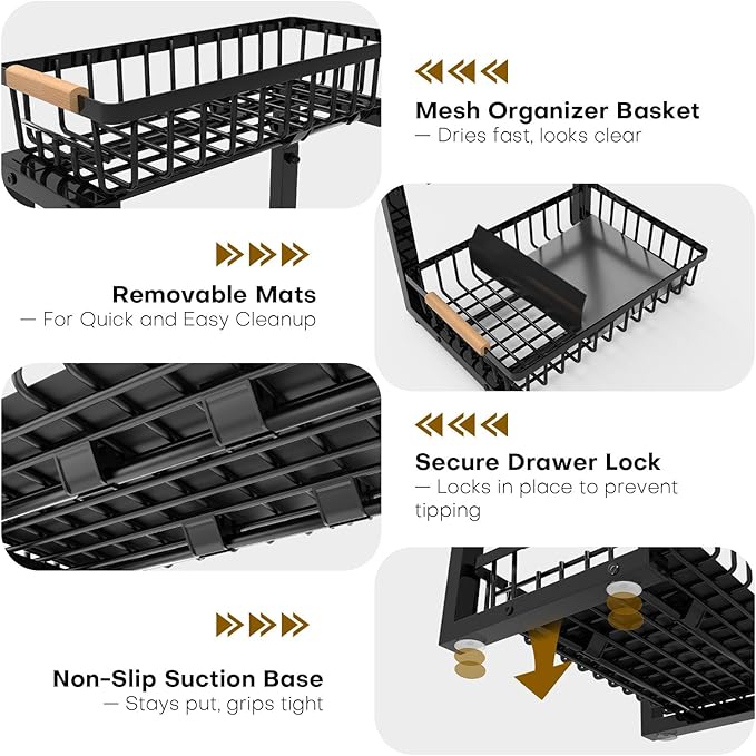 Under Sink Organizer, Heavy-Duty & Rust-Resistant Carbon Steel Metal, 2 Tier Pull Out Under Bathroom Sink Storage, Adjustable Height (13.8" -16.9"), Organizer for Kitchen Cabinet(2PCS,Black) - Image 7