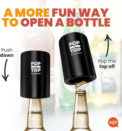 Pop-the-Top Beer Bottle Opener (Stainless): Automatic Bottle Cap Opener, Push Down Pop Off Bar Tool, Soda and Beer Cap Remover, Cool & Fun Gadget - Image 2