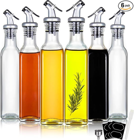 YEBODA 8oz Clear Glass Olive Oil Dispenser Bottles, and Vinegar Cruet Bottle Includes Pourers, Funnel Labels, Cooking Container for Kitchen 6 Pack by YEBODA