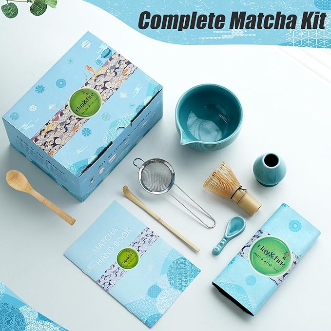 Clay&Fire Matcha Whisk Set, Ceramic Matcha Set, Matcha Bowl with Spout and Whisk, 9 pcs Matcha Tea Kit for Matcha Lovers, Ideal Gift Christmas, Birthday (Blue) - Image 2