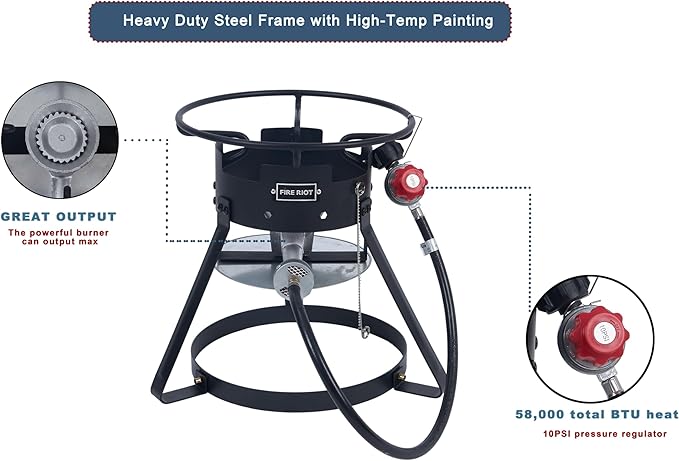 Fire Riot 10QT Outdoor Fish Fryer Kit – Heavy-Duty Aluminum Pot, 6.7QT Basket, Propane Deep Fryer with 0-10 PSI Regulator & Steel Frame – Ideal for Seafood & More