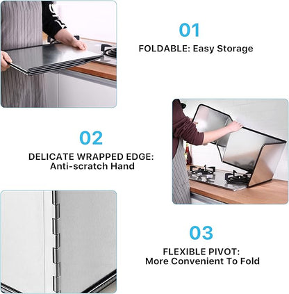 4 Sided Splatter Guard, Foldable Stainless Steel Grease Splatter Screen, Anti Splatter Splash Guard, Proof Baffle Stove Heat Insulation Sheet for Cooking