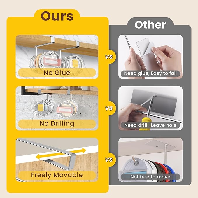 2 Pack Tumbler Lid Organizer, Under Cabinet Cup Lid Holder for Yeti Insulated Mug/Stanley Insulated Mug/Simple Modern Insulated Mug Lid, No Gluing, No Drilling, Up to 10 Lids (Stainless Steel) - Image 7