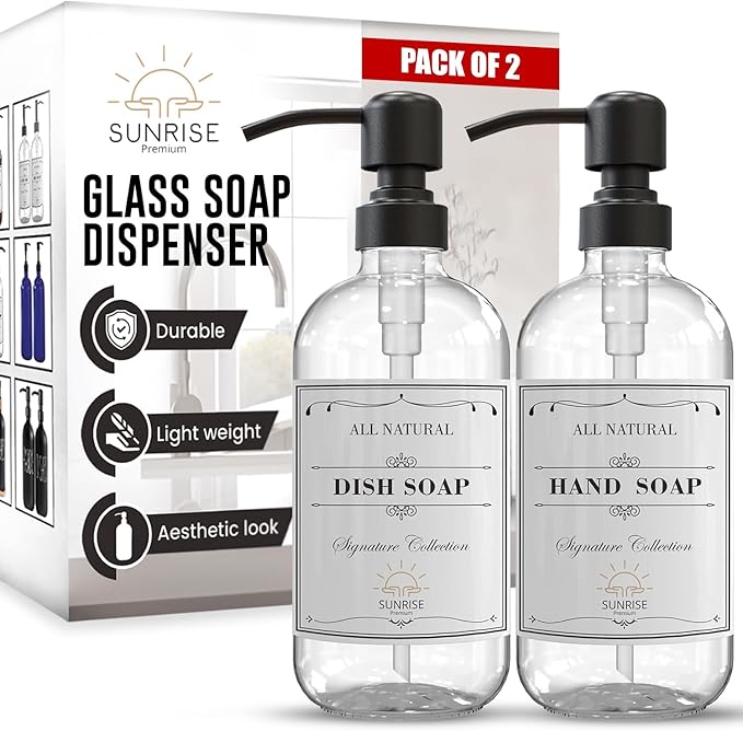 Sunrise Premium 2 Pack Clear Glass Soap Dispenser 16 OZ with Matte Black Stainless Steel Pump, Hand and Dish Soap Dispenser Set for Bathroom and Kitchen Sink with 6 Waterproof Labels by SunrisePremium