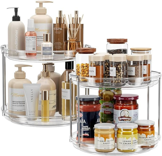 LAMU 2 Pack 2 Tier Lazy Susan Turntable Organizer 9.25'' Rotating Spice Rack Organization for Cabinet, Kitchen, Pantry, Countertop, Bathroom, Vanity, Medicine Cabinet Organizer, Clear by YourHome-OrganizationHelper