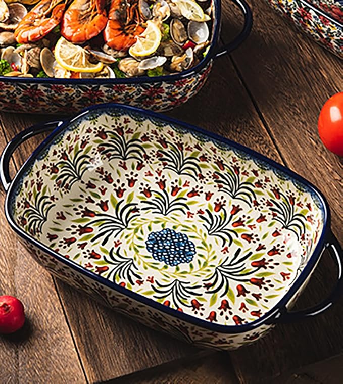 Vintage Style Tulip Flower Pattern Ceramic Bakeware Casserole Dish Baking Pan Lasagna Pans Baking Dish with Handles for Oven/Cooking/Kitchen-1 PCS-60 OZ - Image 4