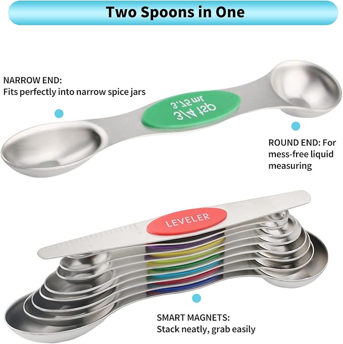 Magnetic Measuring Spoons Set of 9 with Leveler, Color-Coded Dual Sided Stainless Steel Measuring Spoon Set, Stackable Teaspoon and Tablespoon Set for Baking, Cooking, Kitchen Gadgets Dishwasher Safe - Image 7