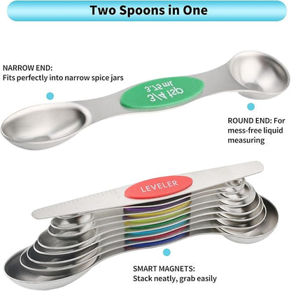 Magnetic Measuring Spoons Set of 9 with Leveler, Color-Coded Dual Sided Stainless Steel Measuring Spoon Set, Stackable Teaspoon and Tablespoon Set for Baking, Cooking, Kitchen Gadgets Dishwasher Safe - Image 7