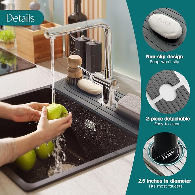 eormoe Faucet Mat for Kitchen Sink - Wider Diatomite Fast Drying Stone Sink Tray, Super Absorbent, Prevents Moisture Buildup - Faucet Splash Guard for Bathroom Counter (Dark Grey, 15x5.3inch) - Image 8