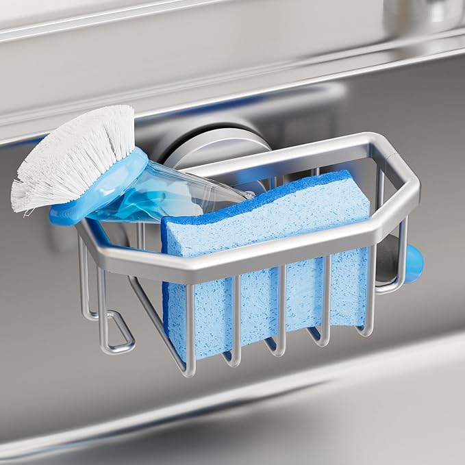 TAILI Sink Caddy with Strong Suction Cup, Sponge Holder for Kitchen Sink Organizer, Removable Sponge Caddy Inside Sink, Rustproof Aluminum Holder for Sponges, Brushes - Silver by TAILI