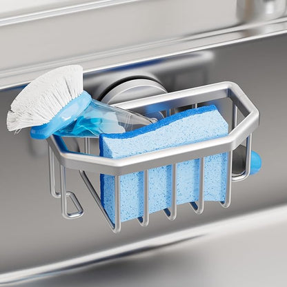 TAILI Sink Caddy with Strong Suction Cup, Sponge Holder for Kitchen Sink Organizer, Removable Sponge Caddy Inside Sink, Rustproof Aluminum Holder for Sponges, Brushes - Silver by TAILI
