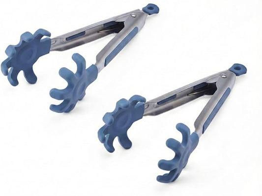 Farberware Mini Kitchen Tongs, Silicone Tips, Flexible Grip Handles, Locking Mechanism for Easy Storage, Blue and Gray, Dishwasher Safe for Cooking and Serving, 7 Inch, Set of 2