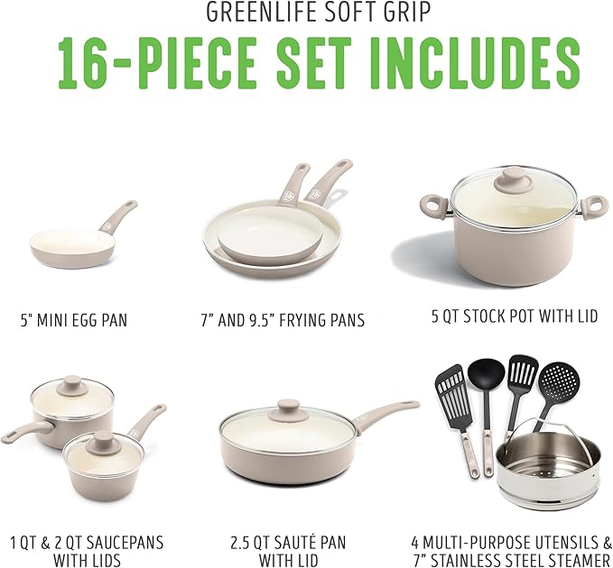 GreenLife 16 Piece Nonstick Cookware Set, Soft Grip Non-Toxic PFAS-Free Ceramic Pots & Pans, Dishwasher & Oven Safe, Frying, Sauce, Saute, Utensils, Glass Lids, Stay-Cool Handles, Wobble Free, Taupe - Image 3
